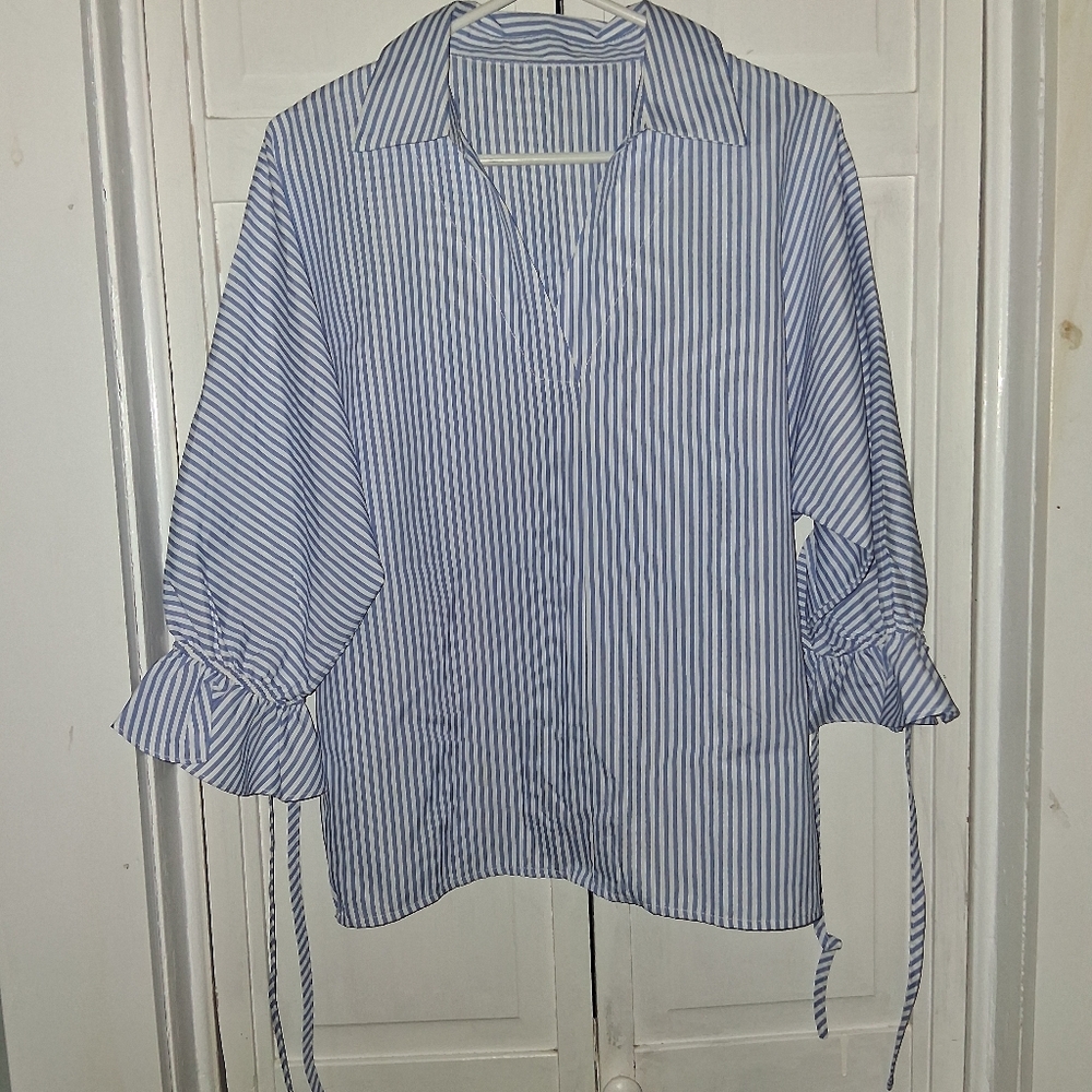 Elegant Blue Striped V-neck Blouse With Ruffled Sleeves With Ties